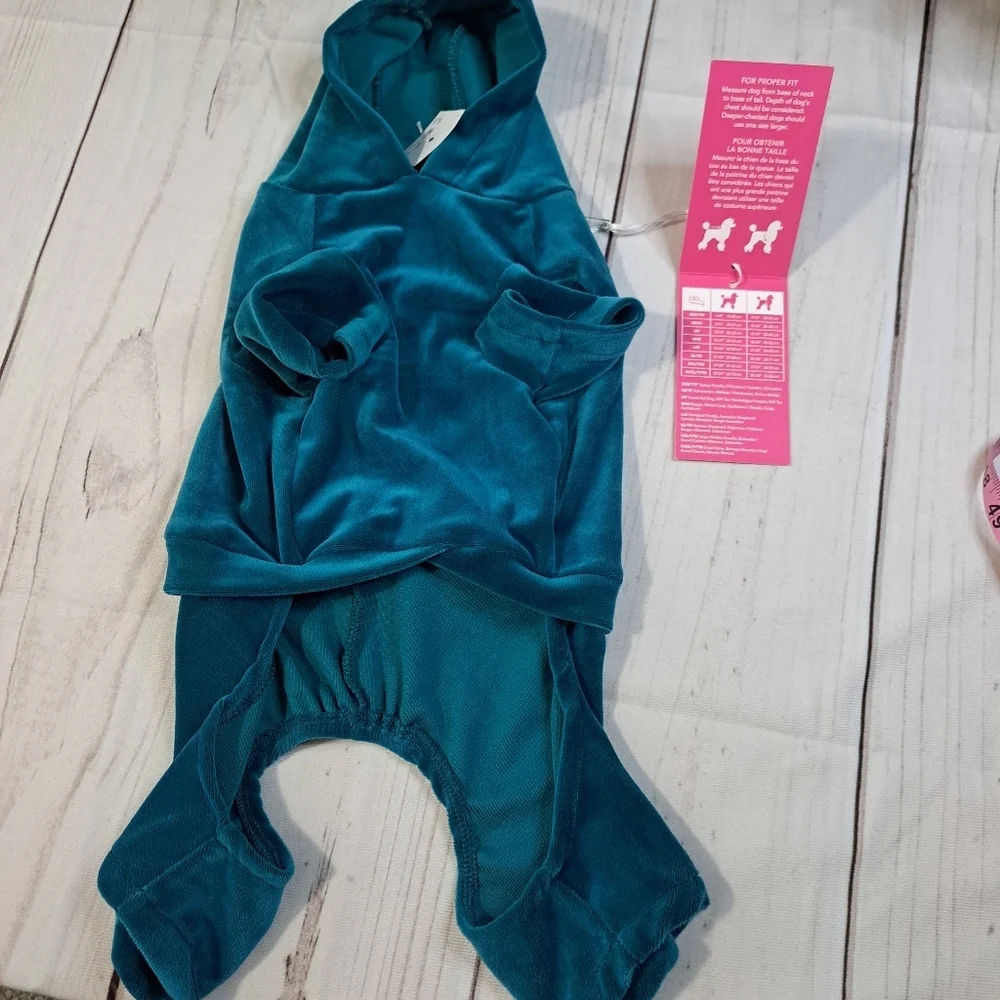 Isaac Mizrahi New York Teal Velour Dog Jumpsuit with Paw Print Size Small